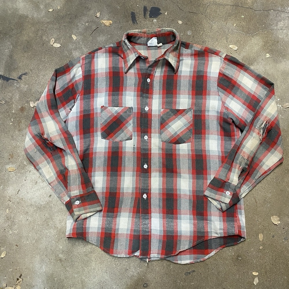 Vintage 70s Big Mac Flannel Large Thrashed Distressed Farm Worn Red Gray Plaid